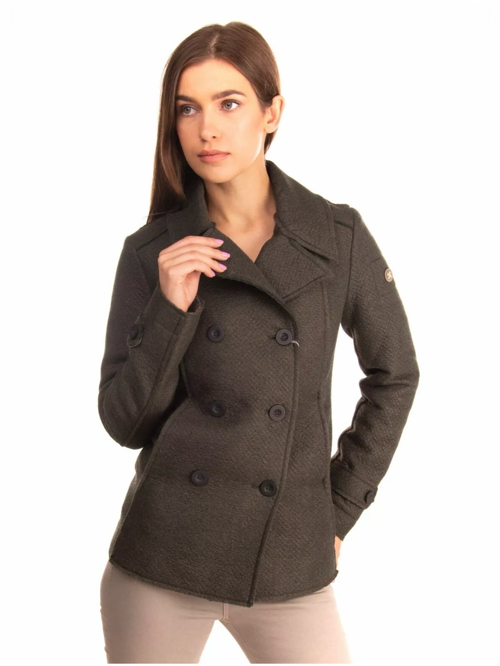 SWISS-CHRISS Women's Olive Double-Breasted Peacoat Blazer Sz 42 Made in Italy